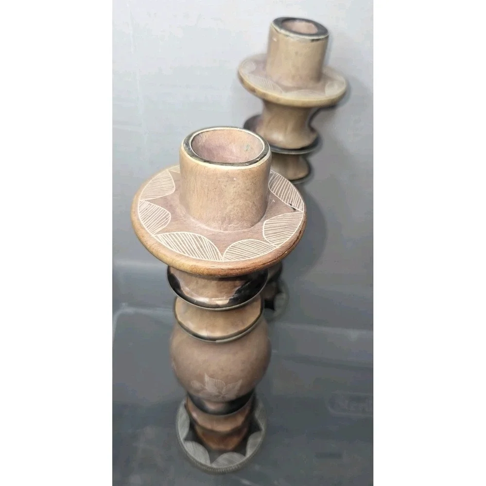 Vintage Hand Painted African Style Stone Candle Holders Set of 2 Kenya Brown